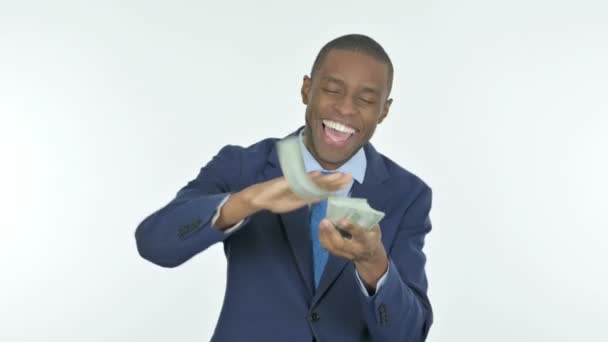 Young African Businessman Throwing Dollar Bills White Background — 비디오