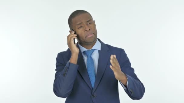 Young African Businessman Talking Phone White Background — Stock Video