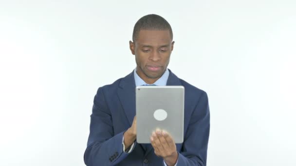 Young African Businessman Loss Tablet White Background — Video Stock