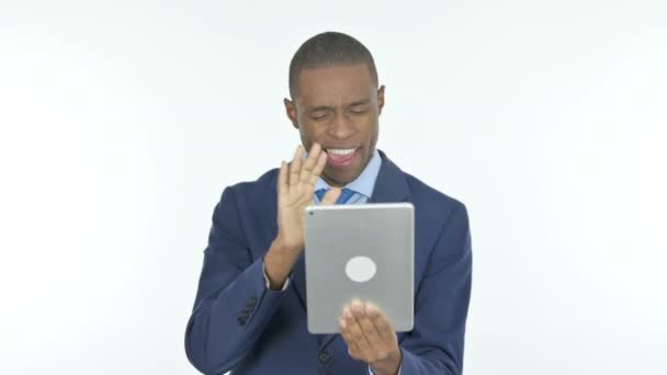 Video Call Tablet Young African Businessman White Background — Video Stock