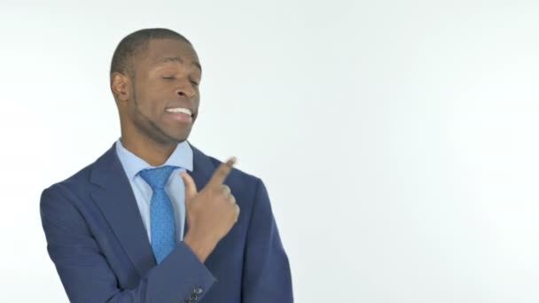 Young African Businessman Pointing Side White Background — Stockvideo