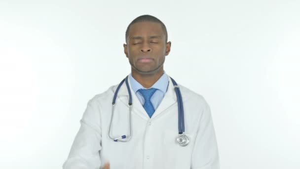 Denying Young African Doctor Disapproving White Background — Vídeos de Stock
