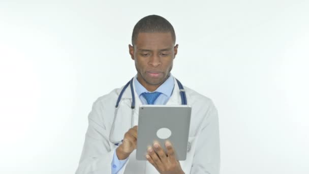 Young African Doctor Using Digital Tablet White Background — Vídeo de Stock
