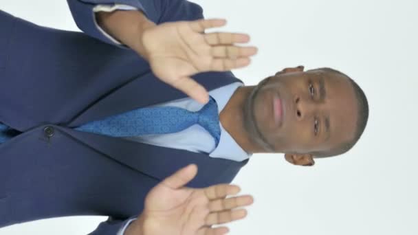 Vertical Video Denying Young African Businessman White Background — Wideo stockowe