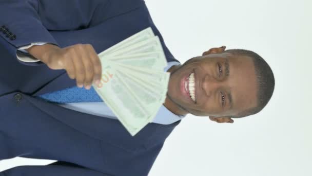 Vertical Video Young African Businessman Showing Dollar Bills White Background — Stockvideo