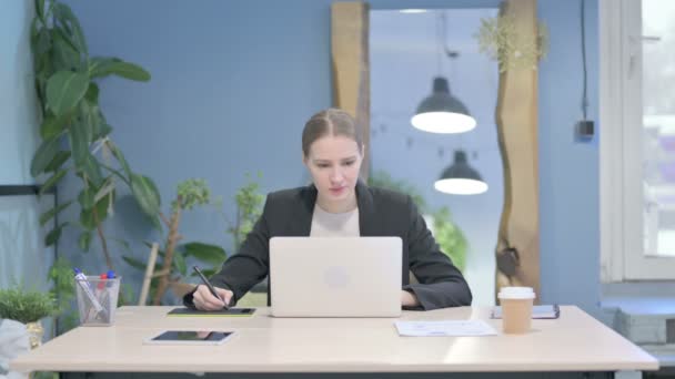 Female Graphic Designer Working Laptop Graphic Tablet — Stock video