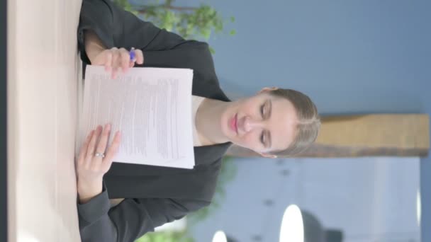 Vertical Video Young Businesswoman Celebrating While Reading Documents — 비디오