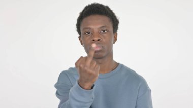 Kızgın Gündelik Afrikalı Adam Beyaz Arkaplanda Orta Parmak Gösteriyor