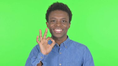 Casual African Man with Ok Sign on Green Background