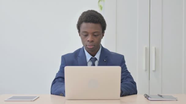 Young African Businessman Celebrating Online Success Laptop — 图库视频影像