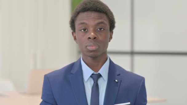 Portrait Disliking Young African Businessman Asking Stop — 图库视频影像