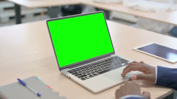 Young African Businessman Working Laptop Chroma Key Green Screen — Stockvideo