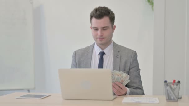 Young Businessman Throwing Money Air Fun Dollars — Vídeo de Stock