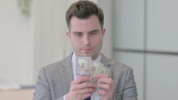 Portrait Young Businessman Counting Dollar — Vídeos de Stock