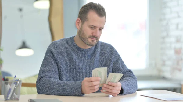 Mature Adult Man Counting Cash Money, Dollar
