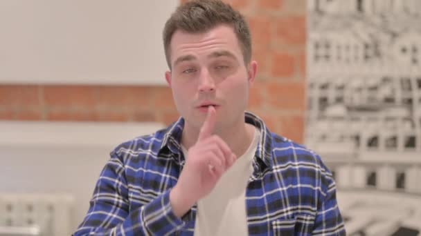 Portrait Young Casual Man Finger Lips — Stock Video