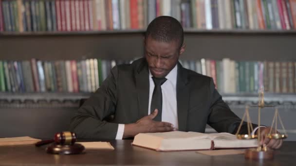 Sick African Male Lawyer Coughing While Reading Office — Stock Video