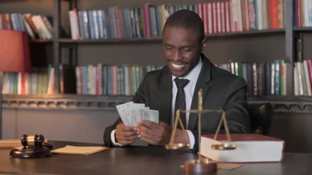 Happy African American Lawyer Enjoying Money Office — Stock Video