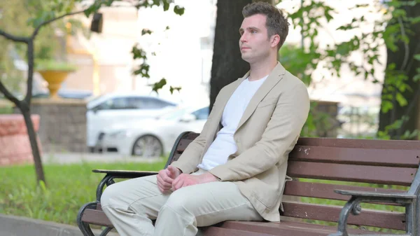 Casual Young Man Coming Sitting Bench — Stock Photo, Image