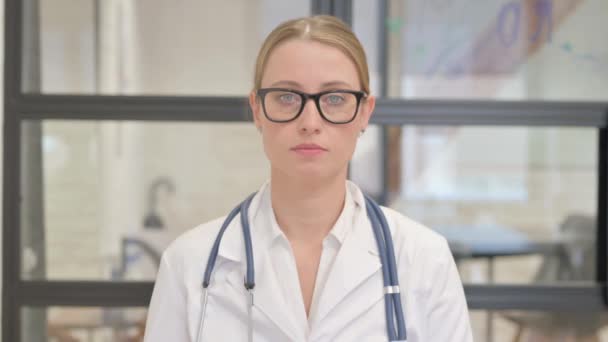 Portrait Female Doctor Standing Hospital — Stock Video