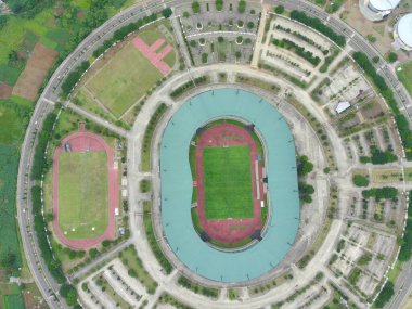 Bogor, Indonesia. October 16 2022. aerial view of Pakansari stadium on a sunny day located in Bogor, Indonesia.