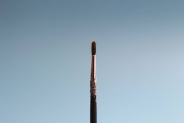 a close up of a painting brush isolated on a blue background. concept photo art.