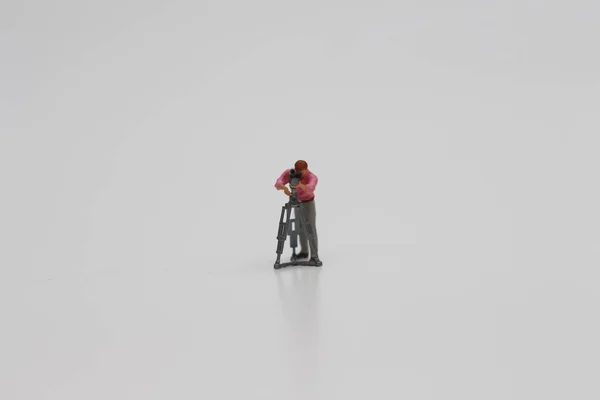 Close Miniature Figure Videographer Isolated White Background Miniature Figure Photo — Foto de Stock