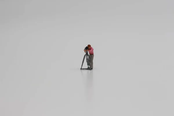 Close Miniature Figure Videographer Isolated White Background Miniature Figure Photo — Fotografia de Stock