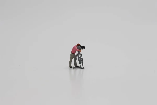 Close Miniature Figure Videographer Isolated White Background Miniature Figure Photo — Stock Fotó