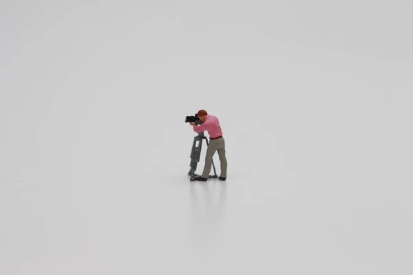 Close Miniature Figure Videographer Isolated White Background Miniature Figure Photo — Stock Photo, Image