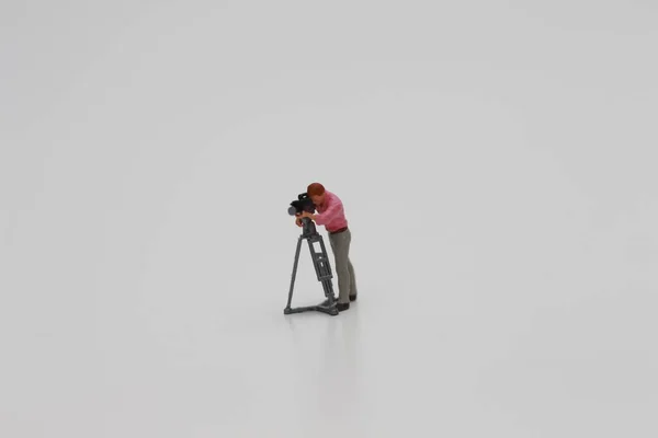 Close Miniature Figure Videographer Isolated White Background Miniature Figure Photo — Foto de Stock