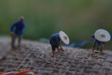 photo of a miniature figure with the concept of a farmer farming on a burlap sack