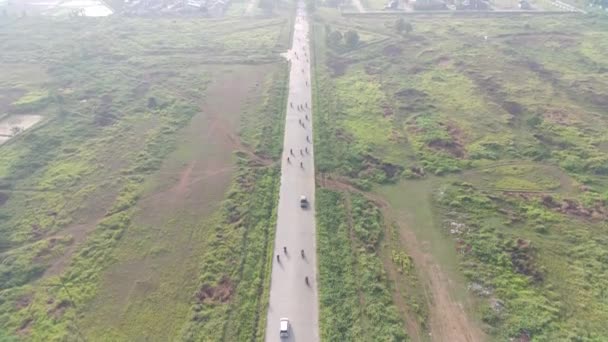 Footage Aerial View Highway Leading Residential Areas Green Fields — Vídeo de Stock