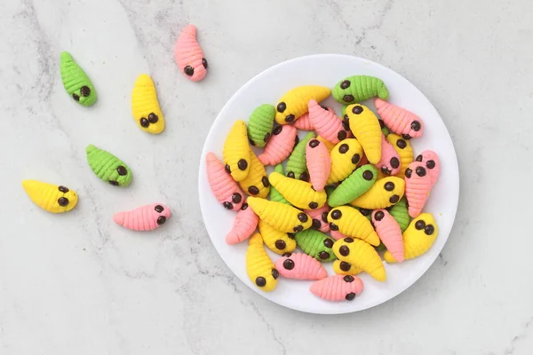 caterpillar cake with various colors. presented during Hari Raya or Eid Al Fitr holiday in Indonesia.