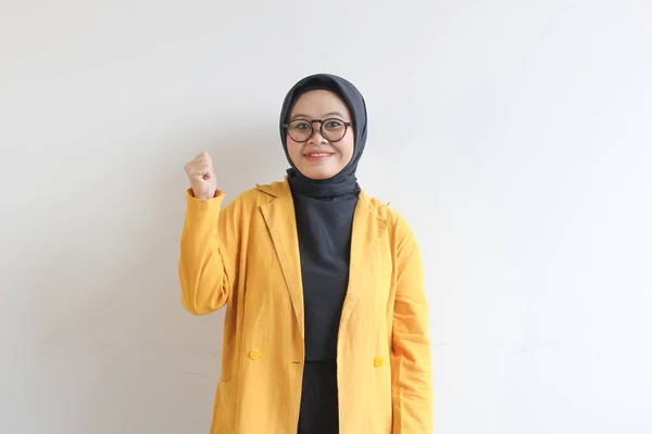 Beautiful Young Asian Muslim Woman Wearing Glasses Yellow Blazer Happy — Stock Photo, Image