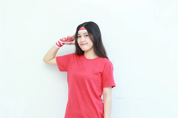 Retrato Una Hermosa Mujer Asiática Vestida Rojo Celebrando Día Independencia —  Fotos de Stock