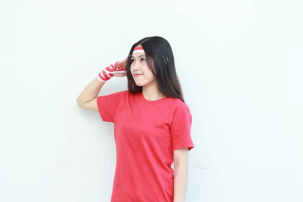 Porträt Einer Schönen Asiatischen Frau Rotem Outfit Die Den Indonesischen — Stockfoto