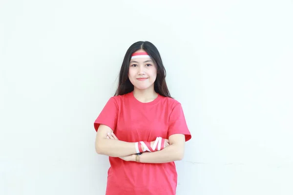 Ritratto Bella Donna Asiatica Vestita Rosso Che Celebra Indipendenza Indonesiana — Foto Stock