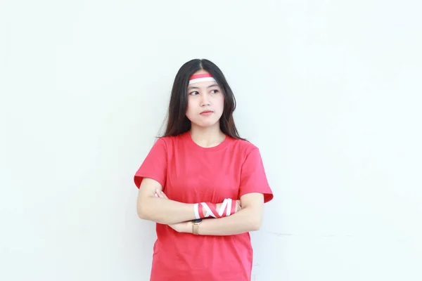 Porträtt Vacker Asiatisk Kvinna Bär Röda Kläder Firar Indonesien Självständighetsdagen — Stockfoto