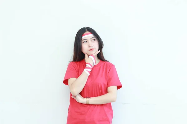 Retrato Bela Mulher Asiática Vestindo Roupa Vermelha Celebrando Dia Independência — Fotografia de Stock