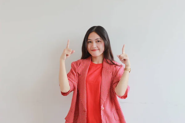 Portrait Beautiful Asian Woman Wearing Red Outfit Pointing Copy Space — Stock Photo, Image