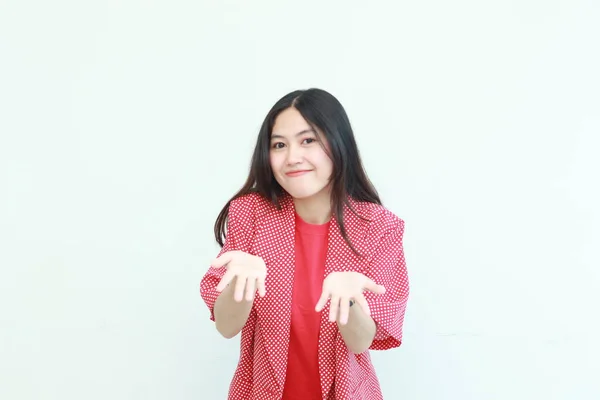Portrait Beautiful Asian Woman Wearing Red Outfit Hand Gesture Presenting — Stock Photo, Image