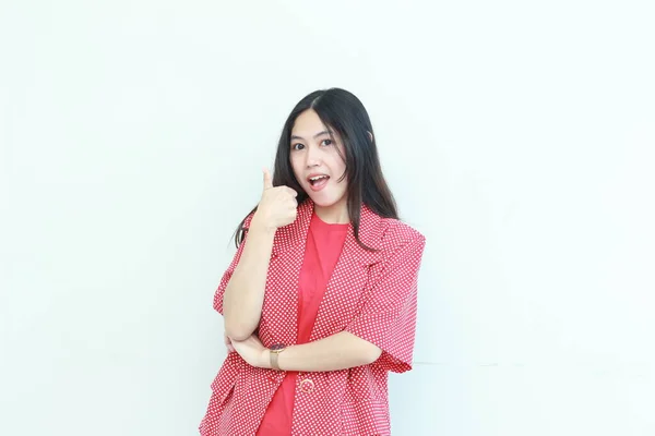 Portrait Beautiful Asian Woman Wearing Red Outfit Agree Gesture While — Stock Photo, Image