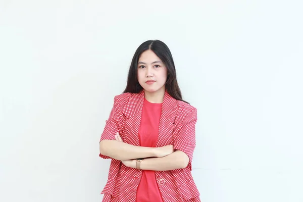 Retrato Bela Asiático Mulher Vestindo Vermelho Roupa Com Linha Reta — Fotografia de Stock