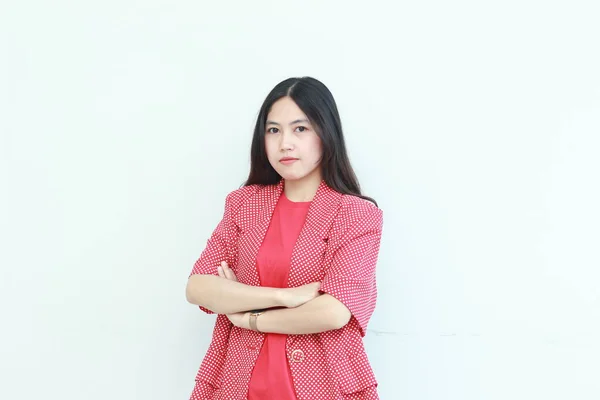 Porträt Der Schönen Asiatischen Frau Trägt Rotes Outfit Mit Geradem — Stockfoto