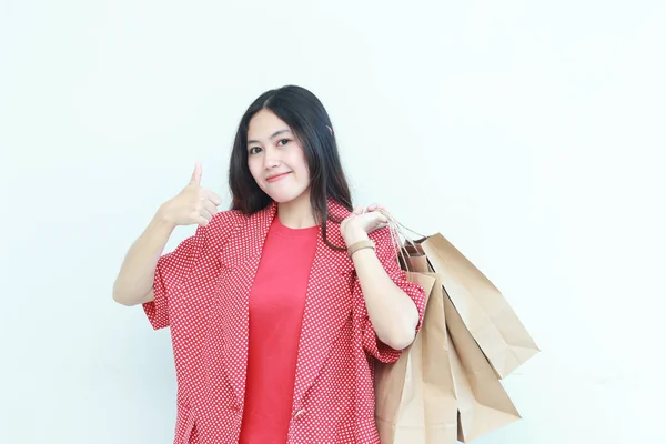 Porträt Der Schönen Asiatischen Frau Rotem Outfit Gestikulierend Mit Vielen — Stockfoto