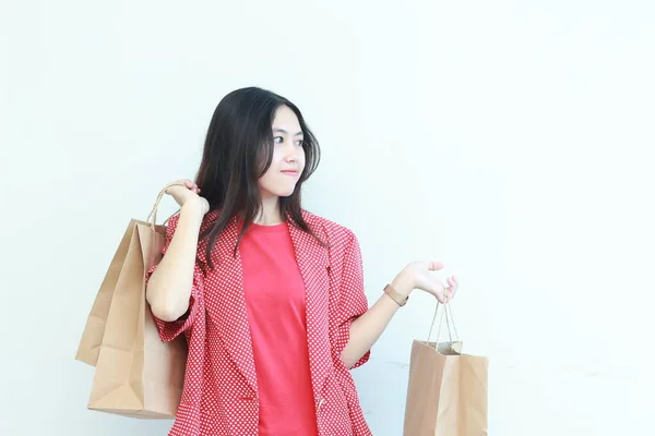 Portrait Beautiful Asian Woman Wearing Red Outfit Gesturing Carrying Lots — Stock Photo, Image