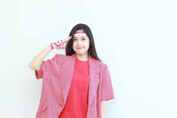 Porträt Einer Schönen Asiatischen Frau Rotem Outfit Die Den Indonesischen — Stockfoto
