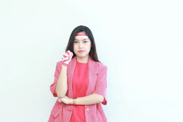 Porträtt Vackra Asiatiska Kvinna Bär Röda Kläder Poserar Ande Firar — Stockfoto