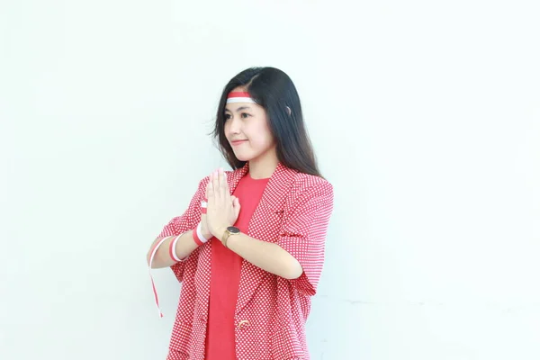 Retrato Bela Mulher Asiática Vestindo Roupas Vermelhas Celebrando Dia Independência — Fotografia de Stock